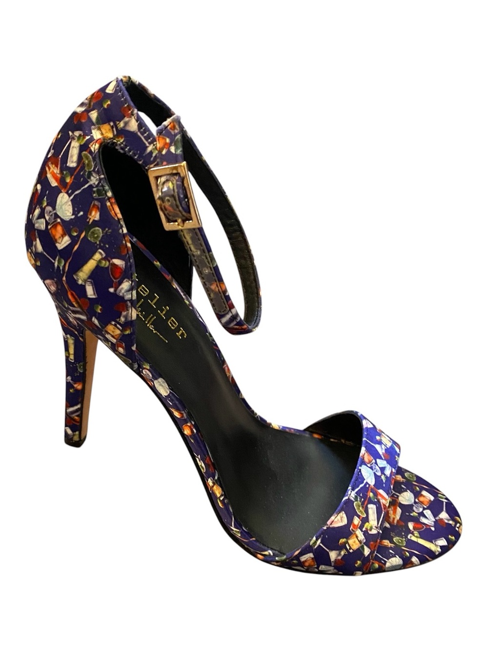 Nicole Miller Cocktail Pattern Blue Ankle Strap Heels Stiletto Evening Shoes 7.5